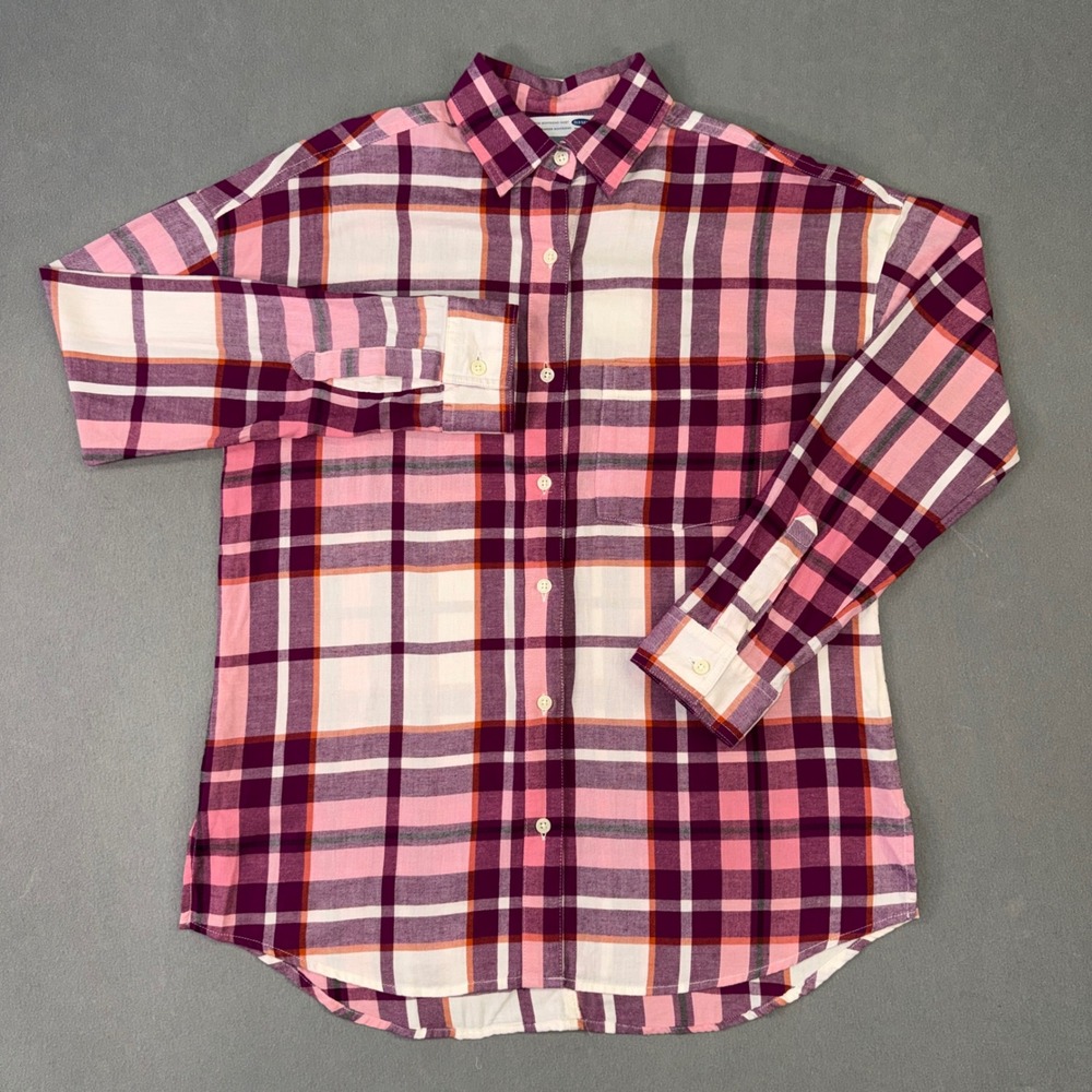 Old Navy The Boyfriend Shirt Pink/Burgundy/Orange Plaid Flannel Button Up Small